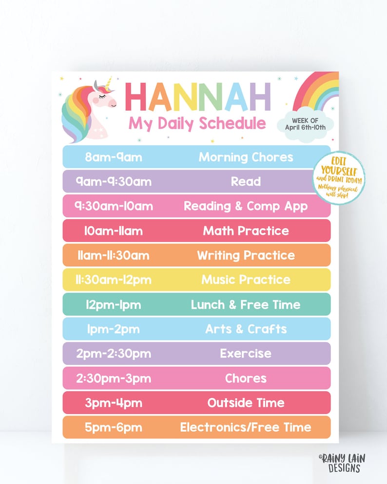 Unicorn Home School Schedule Printable Kids Schedule Chore Etsy