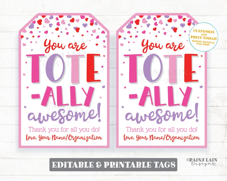 Tote-ally Awesome Valentine Tag, Tote Bag Reusable Bag Valentine's Day Gift Grocery Employee Friend Co-Worker Staff Teacher PTO Printable image 1