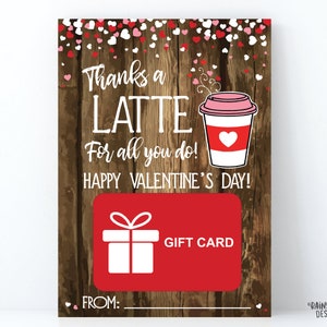 Imprimable Merci un titulaire de carte-cadeau de la Saint-Valentin latte, titulaire d’une carte-cadeau de café, enseignant, collègue, chauffeur de bus, nounou, bois, cœur rustique