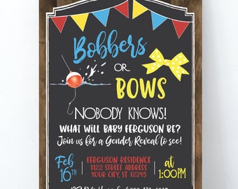 Bobbers or Bows Gender Reveal Invitation, Fishing Gender Reveal Invite,  Wood, Rustic, Bunting, Bobber Bow, Yellow Red Blue, Bobbers and Bows