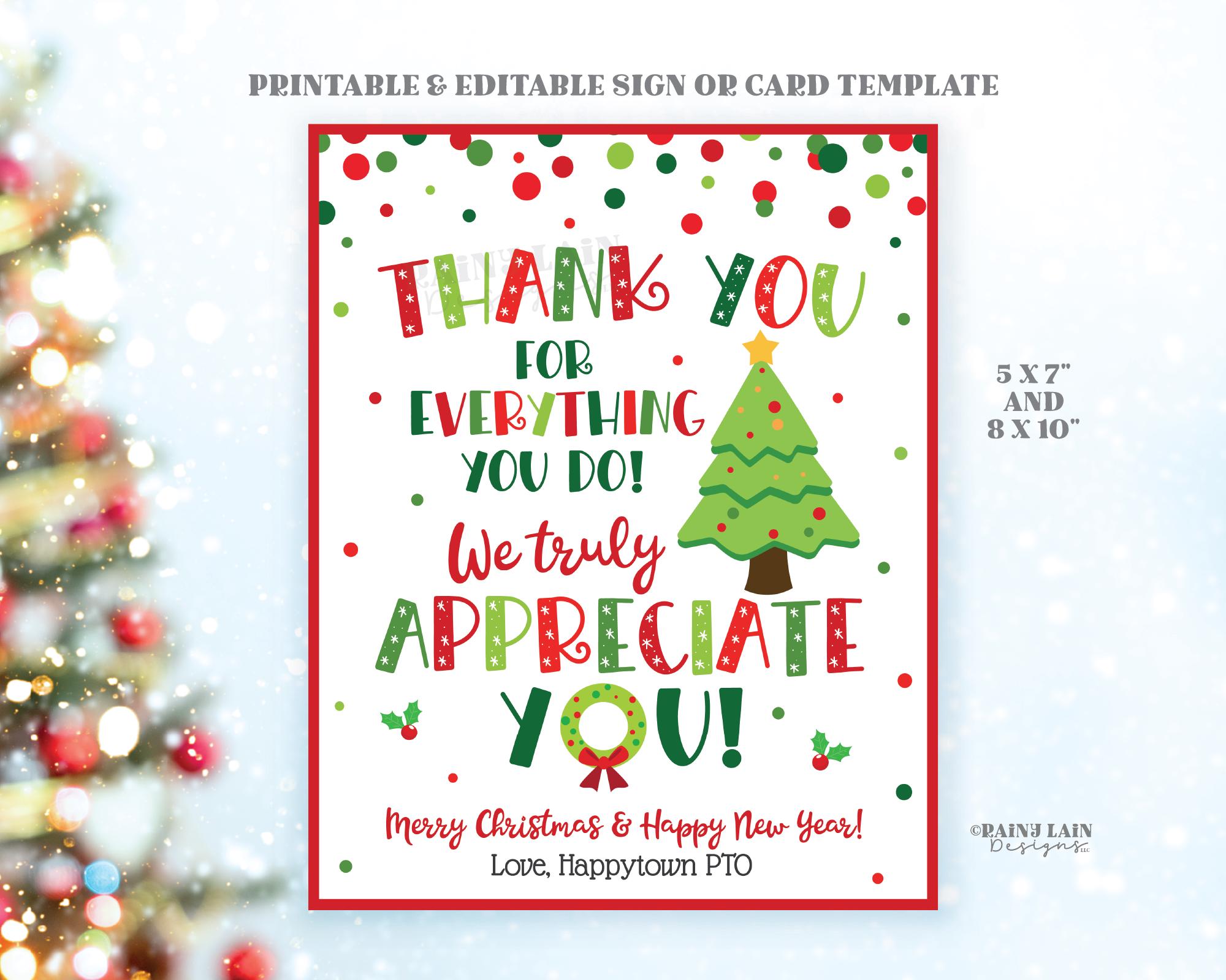 christmas appreciation sign printable holiday thank you card