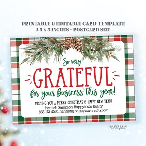 クリスマス中小企業向けポストカードテンプレート 編集可能なホリデーメーラー、クライアント顧客感謝、ビジネスカードのチェック柄をありがとう