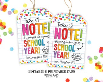 First day of School Teacher Gift Ideas, Back To School Teacher Gift Tag From PTO, Take Note, Notebook Tag, Pen Gift Tag