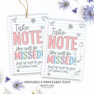 Teacher Goodbye Gift Tag, Farewell gift tag, Take Note You Will be Missed Tag, Notebook, Pen, Stationary, Pastel