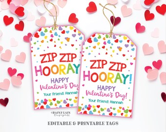 Zip Zip Hooray Tag, Zip Bracelet Fidget Valentine, Happy Valentine's Day Gift Printable Kids Valentine Preschool Classroom Non-Candy