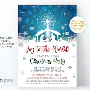 Faire-parts fête de Noël Nativité Invitation imprimable modifiable Circulaire de l&#39;église Dépliant des fêtes Célébration du dîner progressif Scène Mangeoire à neige