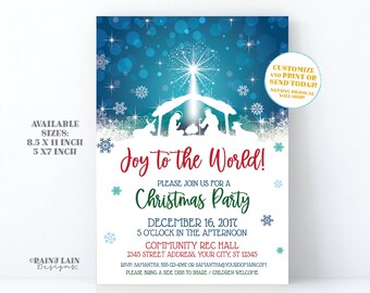 Puede incluir: Una invitación a una fiesta de Navidad azul y blanca con una silueta de la escena de la natividad. La invitación dice "¡Alegría para el mundo!" e incluye la fecha, la hora y el lugar de la fiesta. También se incluye información de RSVP.