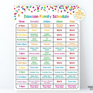 Puede incluir: Un horario familiar imprimible colorido con un fondo de confeti arcoíris. El horario está dividido en franjas horarias de 8 am a 8 pm y enumera las actividades para Amelia, Aiden, Mamá y Papá. Las actividades incluyen tareas domésticas, lectura, práctica de matemáticas, artes y manualidades, práctica de música, ejercicio y tiempo libre.