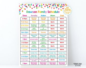Family Schedule Editable Work from Home Schedule, Self Isolation Schedule, Home School Schedule Quarantine Template, Printable Planner