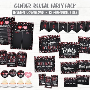 Paquete de fiesta de revelación de género para el día de San Valentín, adornos para cupcakes, pancarta de él o ella, letrero de Old Wives Tales, emita su voto, rifa de pañales, carpas de comida