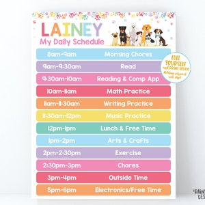 Peut inclure: Un tableau d'horaire quotidien imprimable color&eacute; pour un enfant nomm&eacute; "Lainey" avec un motif d'empreintes de pattes. Le tableau liste les activit&eacute;s pour chaque heure de la journ&eacute;e, y compris les t&acirc;ches du matin, la lecture, la pratique des math&eacute;matiques, la pratique de l'&eacute;criture, la pratique de la musique, le d&eacute;jeuner et le temps libre, les arts et l'artisanat, l'exercice, les t&acirc;ches m&eacute;nag&egrave;res, le temps pass&eacute; &agrave; l'ext&eacute;rieur et l'&eacute;lectronique/le temps libre.