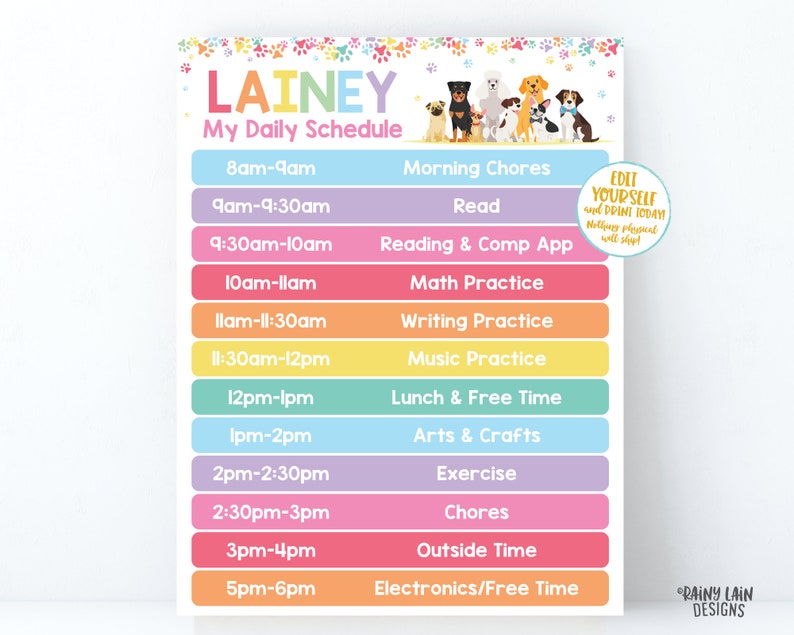 Peut inclure: Un tableau d'horaire quotidien imprimable color&eacute; pour un enfant nomm&eacute; "Lainey" avec un motif d'empreintes de pattes. Le tableau liste les activit&eacute;s pour chaque heure de la journ&eacute;e, y compris les t&acirc;ches du matin, la lecture, la pratique des math&eacute;matiques, la pratique de l'&eacute;criture, la pratique de la musique, le d&eacute;jeuner et le temps libre, les arts et l'artisanat, l'exercice, les t&acirc;ches m&eacute;nag&egrave;res, le temps pass&eacute; &agrave; l'ext&eacute;rieur et l'&eacute;lectronique/le temps libre.
