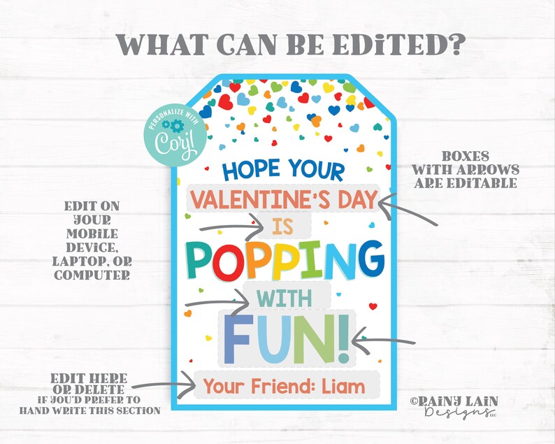 Puede incluir: Tarjeta de San Valent&iacute;n editable con confeti y corazones coloridos. El texto dice "Espero que tu D&iacute;a de San Valent&iacute;n sea explosivo de diversi&oacute;n!" y "Tu amigo: Liam".