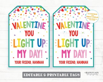 You light up my day Finger lights Valentine Tag, Glow Stick Lite bracelet Preschool Valentines, Non-Candy Classroom Printable Valentine Tags