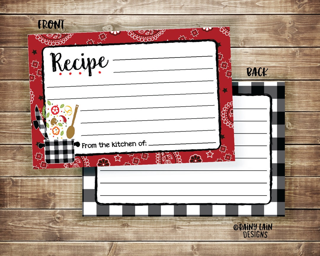 Printable Recipe Cards, Black and White Recipe Cards, Plaid Recipe ...