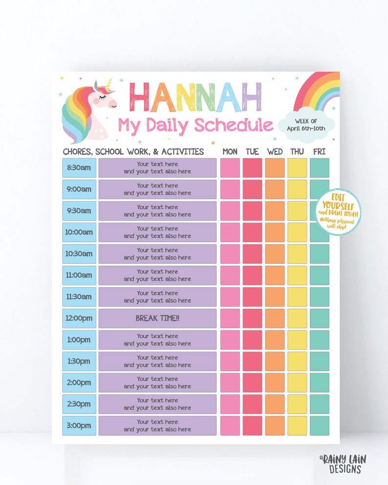 editable home school schedule unicorn chore chart printable etsy