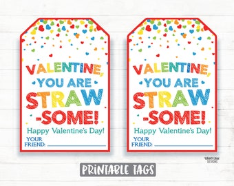 Silly Straw Valentine, Straw-some Valentine Tags, Krazy, Crazy Straw, Preschool Valentines Classroom, Printable Kids Non-Candy Valentine Tag