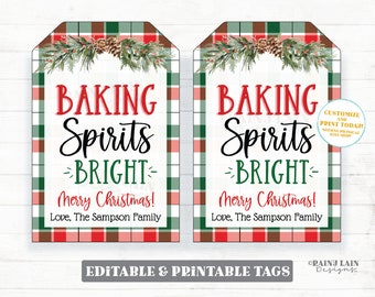 May include: Two printable gift tags with a red and green plaid pattern. The tags feature a watercolor illustration of a pine bough with pine cones and the text "Baking Spirits Bright" with the words "Merry Christmas!" and "Love, The Sampson Family".