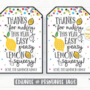 Thanks for making this year easy peasy lemon squeezy, End of School Year Teacher Gift Tags, End of School, Summer, Thank you, Printable Tags
