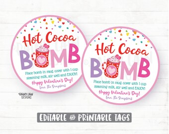 Bomba de cacao caliente San Valentín, etiqueta de regalo de bomba de chocolate caliente del día de San Valentín Eres la descarga digital editable del aula imprimible de la bomba