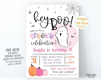 Hey Boo Halloween Party Invitation Halloween Birthday Party Invite Halloween party invite Girl Spooky invite spider bats spider web ghost