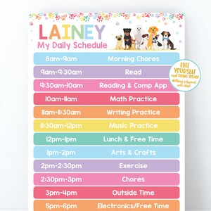 Peut inclure: Un horaire quotidien imprimable color&eacute; pour un enfant nomm&eacute; "Lainey" avec une bordure d'empreintes de pattes. L'horaire comprend des activit&eacute;s telles que la lecture, la pratique des math&eacute;matiques, la pratique de l'&eacute;criture, la pratique de la musique, le d&eacute;jeuner et le temps libre, les arts et l'artisanat, l'exercice physique, les t&acirc;ches m&eacute;nag&egrave;res, le temps pass&eacute; &agrave; l'ext&eacute;rieur et l'&eacute;lectronique/le temps libre.