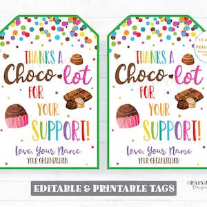 Thanks a Choco-lot for Your support Tags Chocolate Fundraiser Thank You Nuts and Candy Fundraiser Editable Fundraising Gift Tag Printable