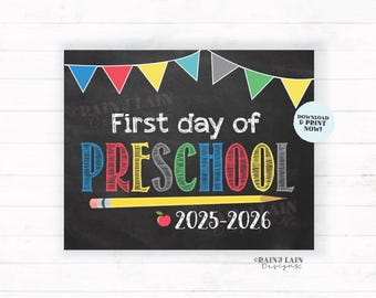 Letrero para el primer día de preescolar para niño, imprimible, para el primer día de clases, para el regreso a clases, pizarra, descarga instantánea.
