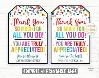 Op de afbeelding: Twee printbare cadeaulabels met een confetti-achtergrond. De labels zeggen "Bedankt voor alles wat je doet! Je wordt echt gewaardeerd! Je bent de beste!" en bieden ruimte voor een naam of organisatie.