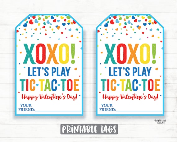 Tic Tac Toe Valentine, XOXO Tags, Tic-Tac-Toe Valentine Tags, Game, Preschool Classroom Kids Valentines Printable Non-Candy Valentine Tag