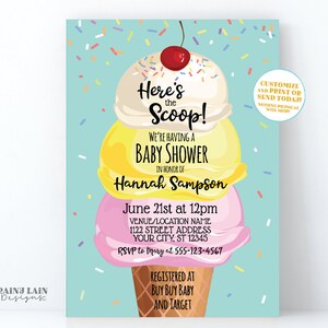 Eis-Babyparty-Einladung, hier ist die Schaufel-Babyparty-Einladung, Eis-Kegel, Streusel, Eis-soziale einladen, Eis-Einladung