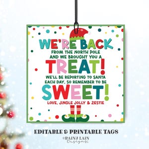 Etiqueta de regalo editable "Hemos vuelto", tradición de los elfos navideños, "He vuelto", "El regreso de los elfos", etiquetas de regalo imprimibles, elfos del Polo Norte