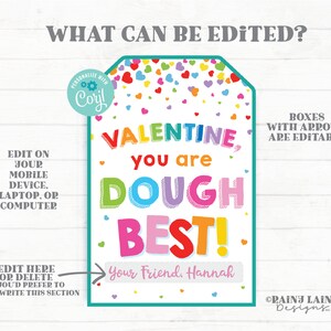 May include: A printable Valentine's Day card with the text "Valentine, you are dough best!" and a box for a personalised message. The card is decorated with colourful hearts and a turquoise border.
