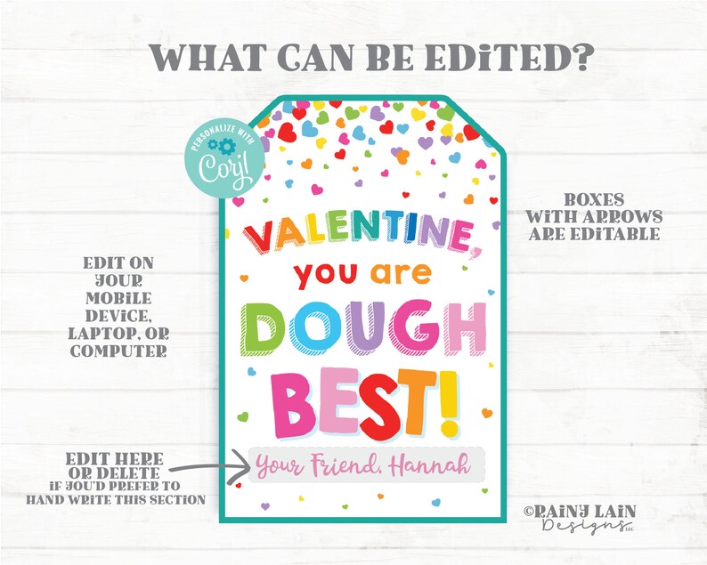 May include: A printable Valentine's Day card with the text "Valentine, you are dough best!" and a box for a personalised message. The card is decorated with colourful hearts and a turquoise border.