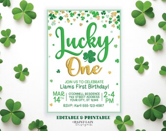Lucky One erste Geburtstagseinladung, St Patrick's Day einladen, Kleeblätter, vierblättriges Kleeblatt, Grün und Gold, 1. Geburtstag Party Vorlage