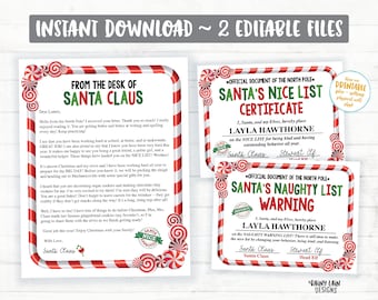 May include: Printable Santa's Nice List Certificate and Naughty List Warning with candy cane border. The certificate is red and green with the text "Santa's Nice List Certificate" and the warning is green and red with the text "Santa's Naughty List Warning". Both certificates have the text "Official Document of the North Pole" and the name "Layla Hawthorne" on them.
