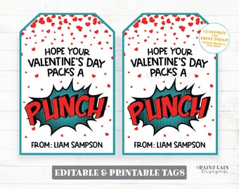 Packs a Punch Valentine Tag, Punch Balloon, Juice, Fruit Punch, Comic Superhero Preschool Classroom Printable Kids Easy Non-Candy Valentine