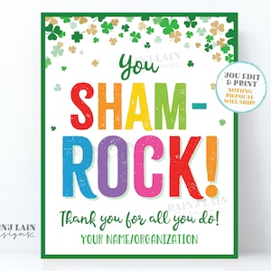 You Sham-Rock St Patrick&#39;s Day Sign Thank you for all you do St Patty&#39;s Lounge Sign Appreciation Favor Tag Teacher Staff Employee School