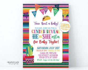 Taco Gender Reveal Invitation, Editable Fiesta He or She-esta Invite (Digital Download)
