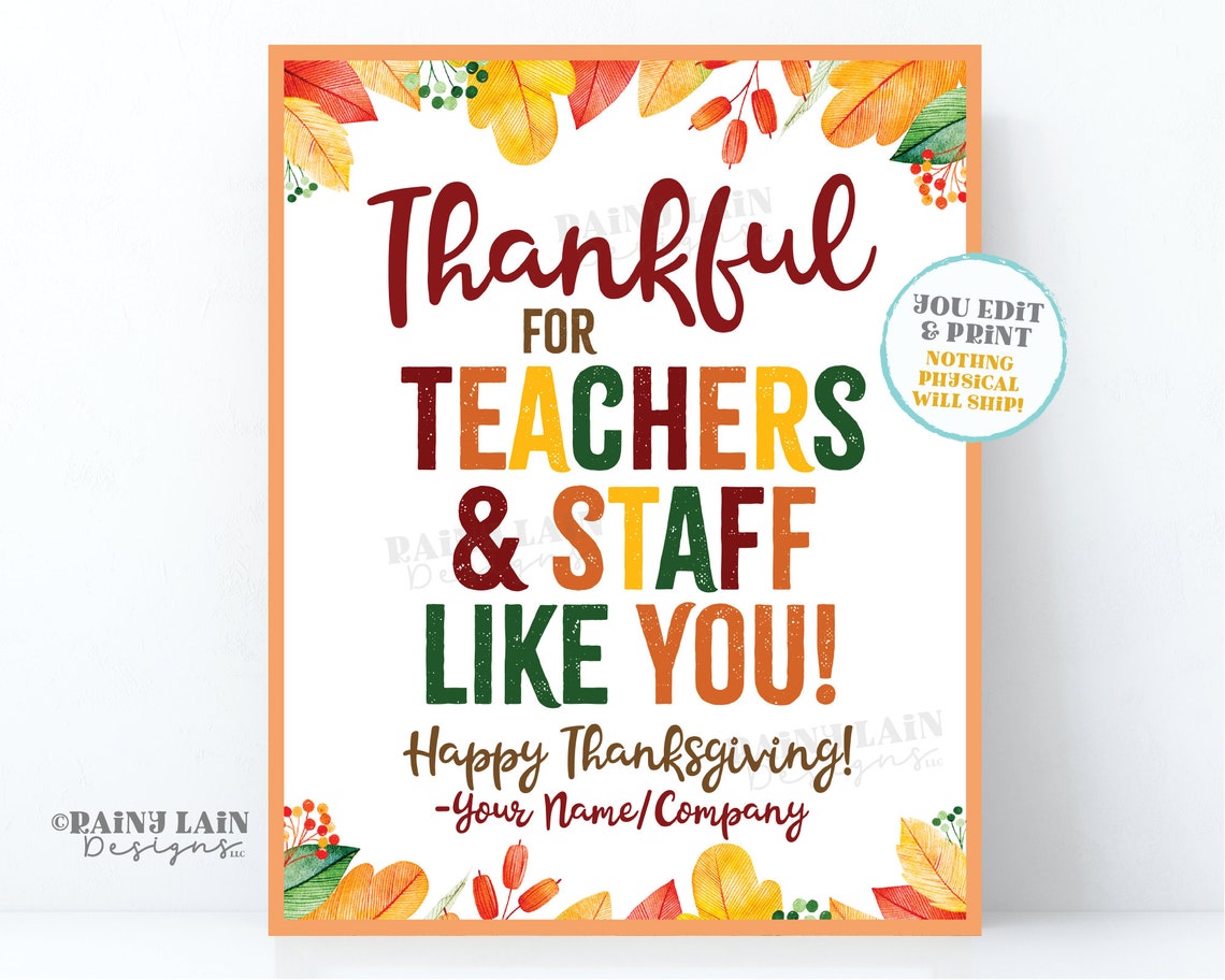 Thankful for Teachers and Staff Like You Sign, Thankful Sign Pie Card ...