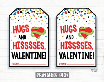 May include: Two printable Valentine's Day gift tags featuring a red heart with a green snake wrapped around it. The text on the tags reads "Hugs and Hisses, Valentine!" with a line for "From:".