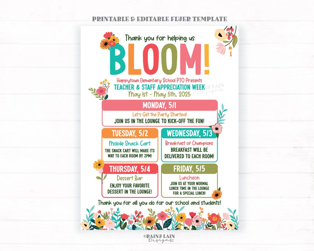 Spring Time Appreciation Week Editable Teacher Appreciation Week Flyer Template, Bloom, Grow, Floral ...