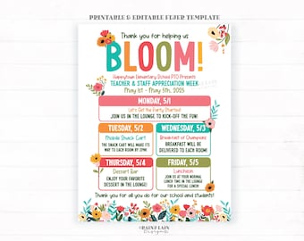 Editable Teacher Appreciation Week Flyer Template, Bloom, Grow, Floral, Flowers, Spring Garden Theme, Staff Appreciation Schedule, Itinerary
