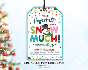 May include: A colorful printable gift tag with a snowman and the text "Your Referrals Mean Snow Much! I appreciate you! Happy Holidays!"  The tag is decorated with snowflakes and confetti.