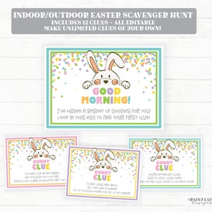 May include: Printable Easter scavenger hunt game with 12 clues. The game features a cute bunny illustration and colorful confetti. The text on the cards reads "Good Morning! I've hidden a basket of goodies for you! Look in this egg to find your first clue!" and "Bunny Clue".