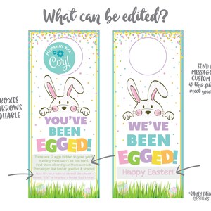 Peut inclure: Porte-porte d'Easter imprimable avec un lapin mignon qui regarde par-dessus. Le texte dit "You've Been Egged!" et "We've Been Egged! Happy Easter!" avec un nom et un message personnalisables.