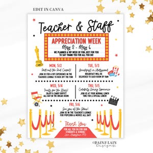 Editable Teacher Appreciation Week Flyer Template, Hollywood Theme, Movie Star, You&#39;re a Star, Staff Appreciation Schedule, Itinerary