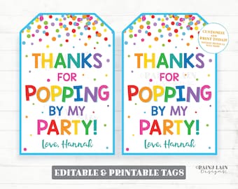 Gracias por aparecer en mi etiqueta de fiesta Etiqueta de favor de cumpleaños etiqueta de favor de fiesta pop etiquetas de palomitas de maíz de juguete fidget etiquetas de fiesta de cumpleaños imprimibles editables
