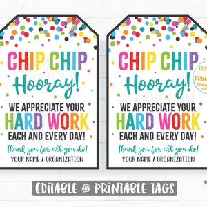 Chip Chip Hooray Tag We appreciate your Hard Work Gift Tag Chips Chocolate Chip Cookie Tag Thank you Employee Appreciation Teacher Staff PTO