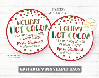 May include: Printable gift tags with a red, white, and green polka dot background. The tags say "Holiday Hot Cocoa" and include instructions to mix with 8 oz of milk or water. The tags also say "Merry Christmas!" and include space to add a name. The tags are available in three sizes: 2 inches, 2.5 inches, and 3 inches.